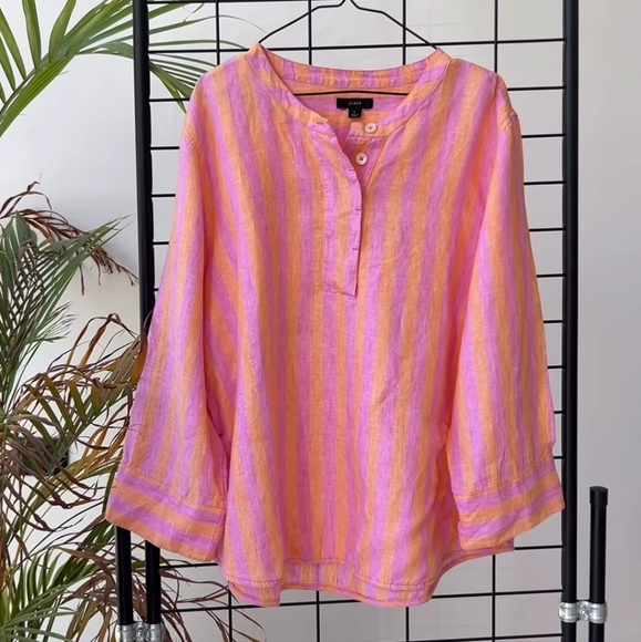 J.Crew 100% Linen Pastel Pink 💗 Orange 🧡 Stripe Candy Color Boxy Shirt Relaxed - Picture 1 of 11